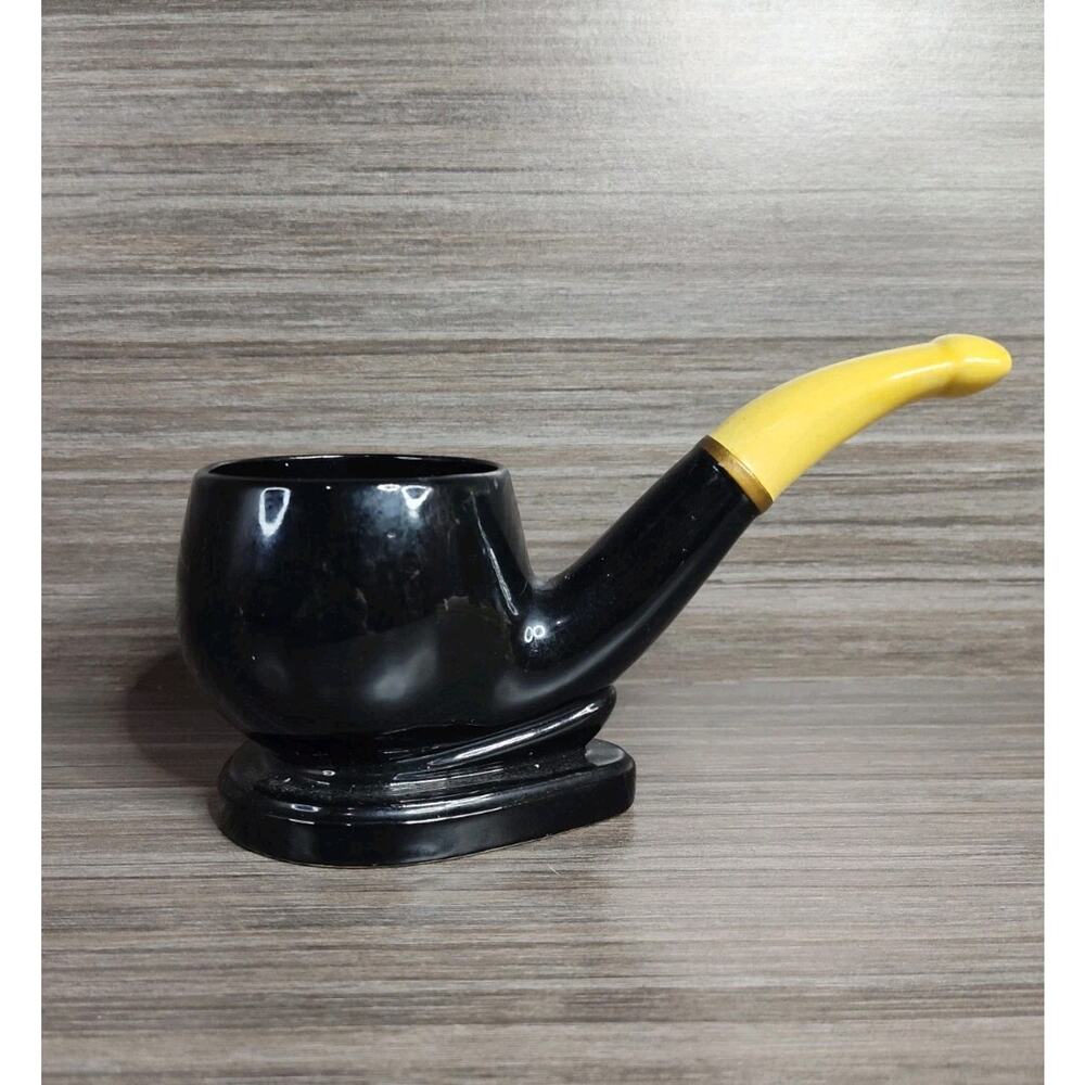 Vintage Black Ceramic Pipe Planter Vintage Mid Century Tobacco Pipe Decor